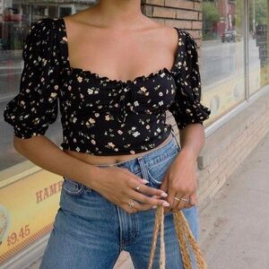 Reformation Black Floral Tie Front Too